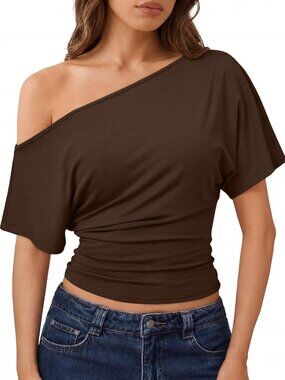 Women's Chocolate Brown Rayon Blend Short Sleeve One Shoulder Neck Henley Shirts